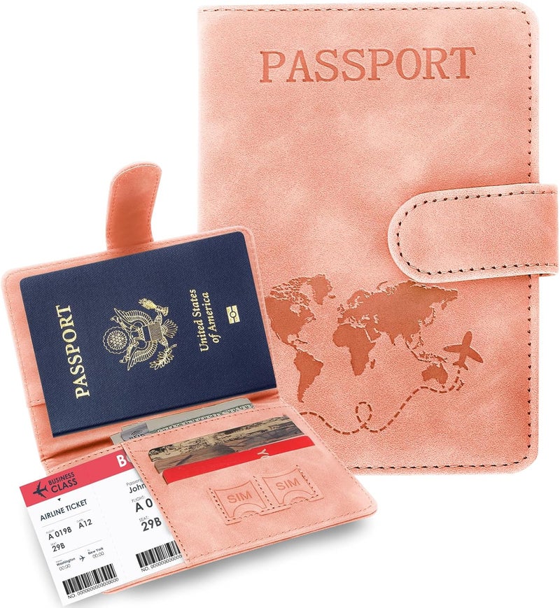 Sovirose Passport Holders, RFID Blocking Credit Card Holder, PU Leather Passport Holders for Travel with Magnetic Buckle, Travel Must Haves Cruise Ship Essentials for Men, Women (Pink) - Image 1